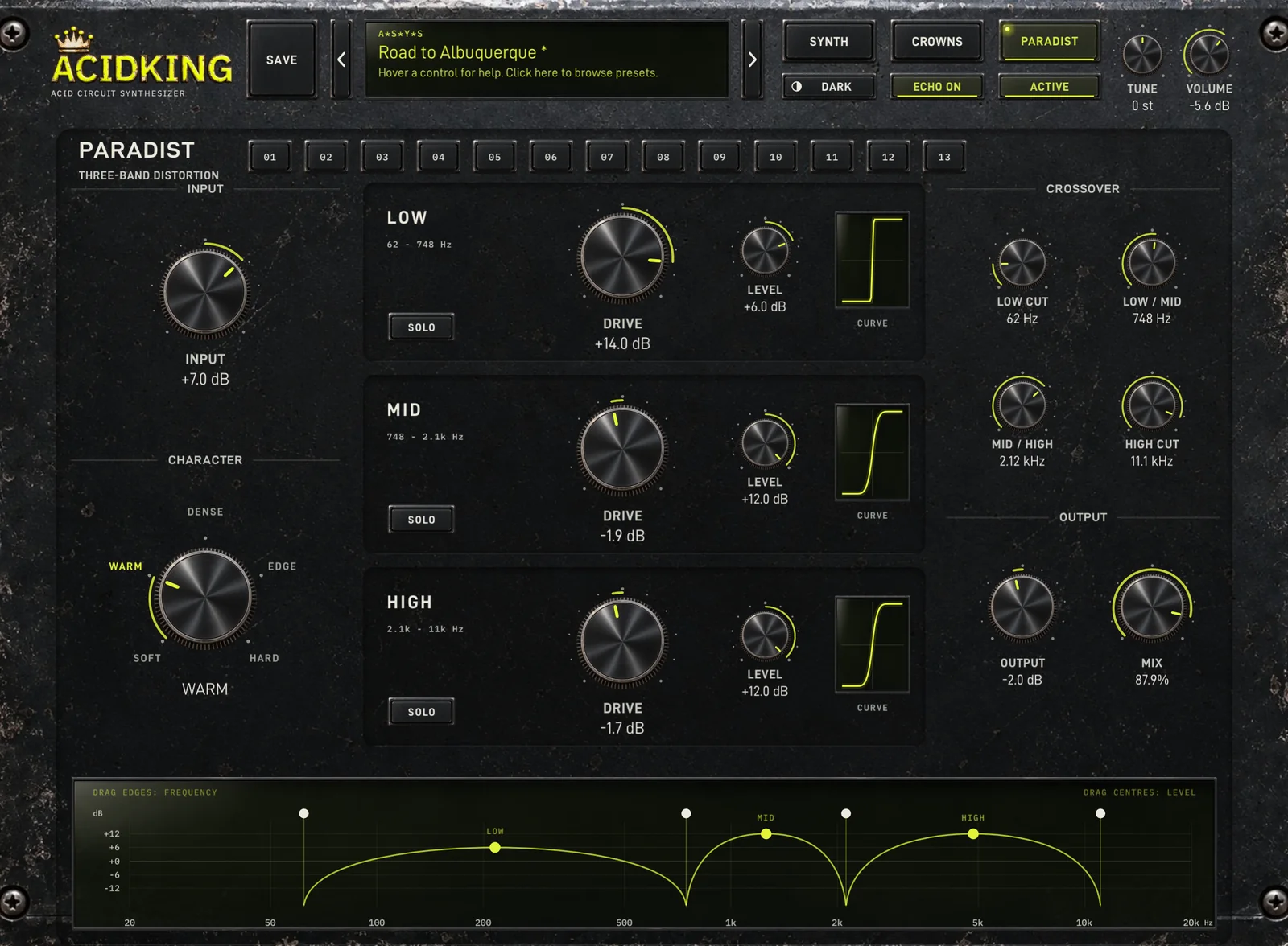 PARADIST page: three-band distortion with crossover display and band controls