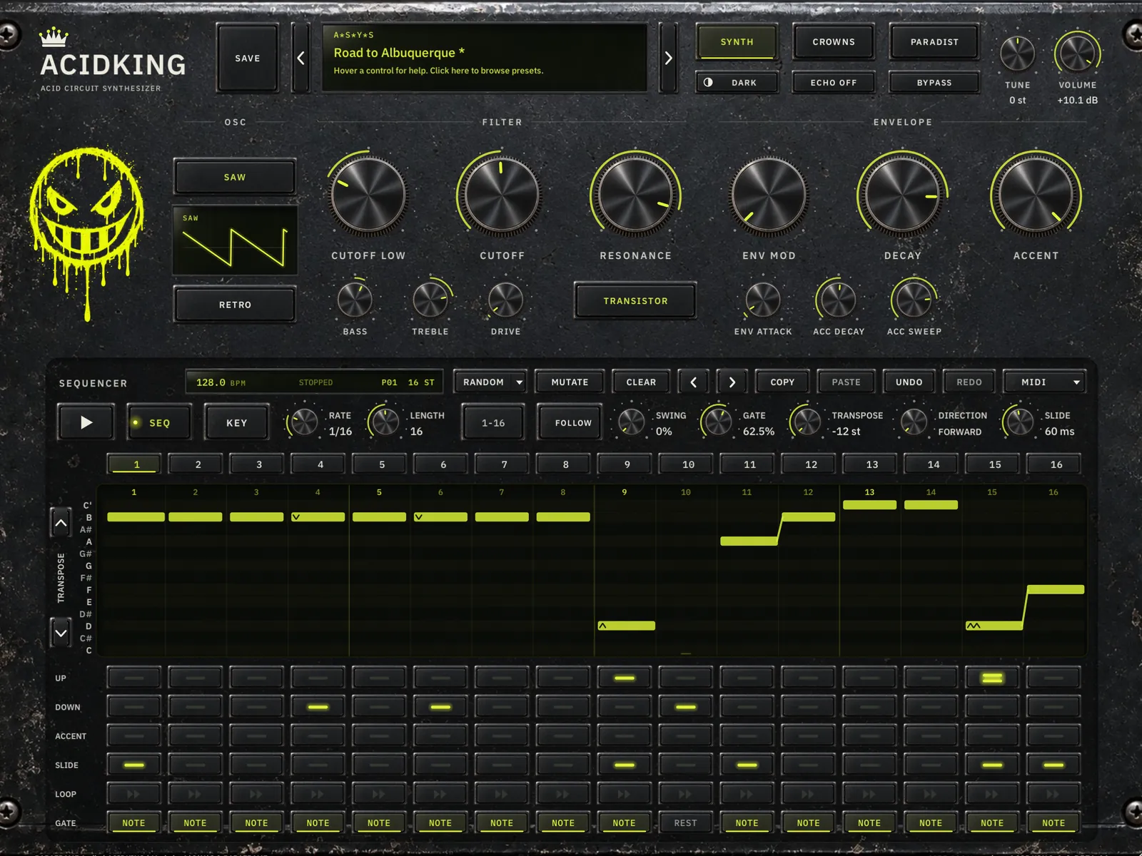 ACIDKING SYNTH page, dark theme: oscillator, filter and envelope knobs above the 16-step sequencer